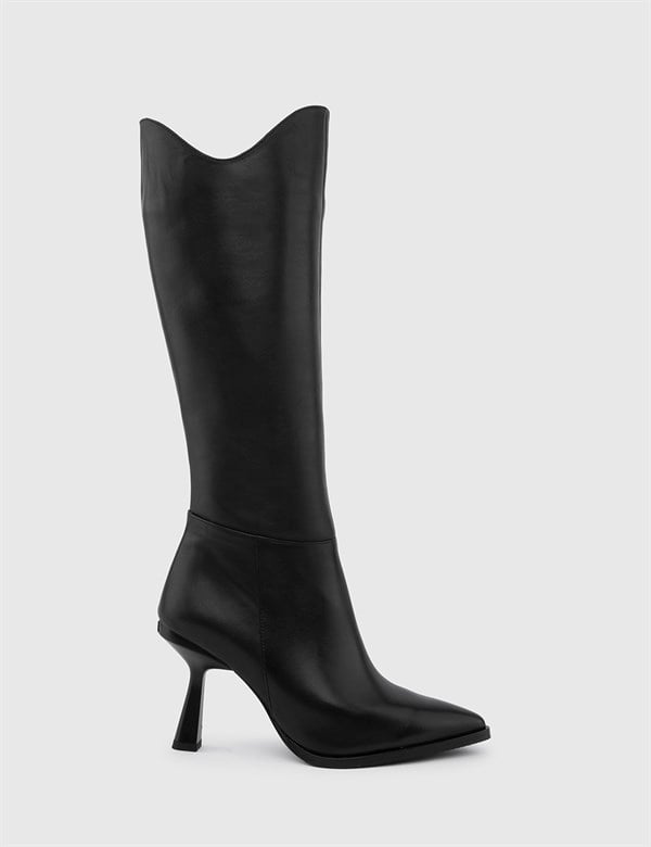 Tacna Black Leather Women's Heeled High Boot