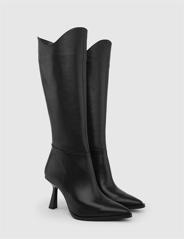 Tacna Black Leather Women's Heeled High Boot
