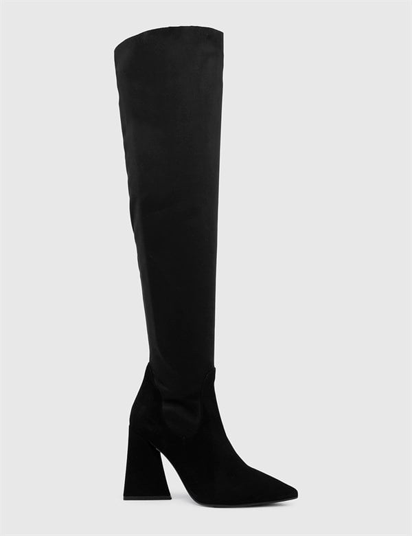 Torbay Black Suede Leather Women's Stretch Heeled High Boot