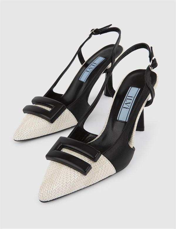 Trelew Cream-Black Leather Women's Heeled Sandal