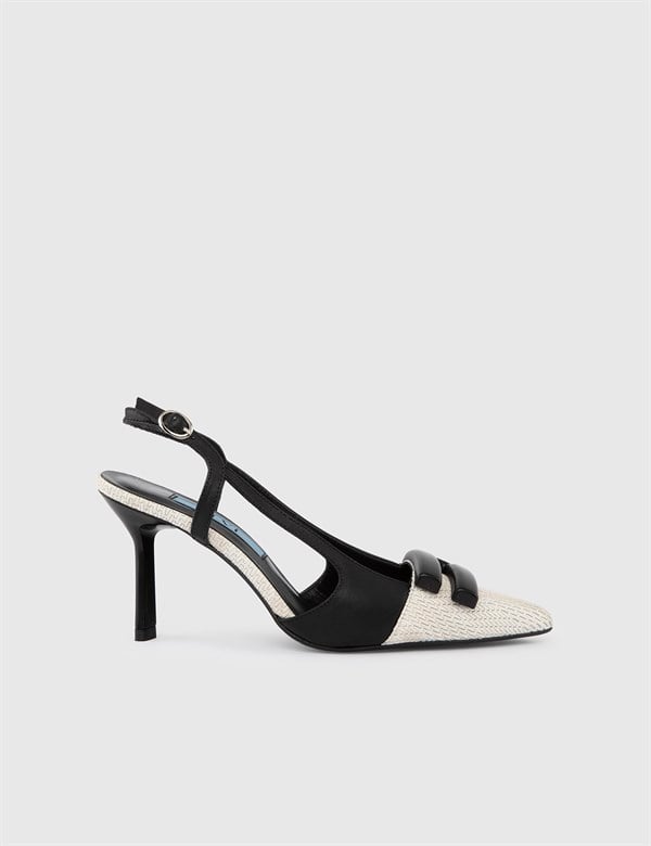 Trelew Cream-Black Leather Women's Heeled Sandal