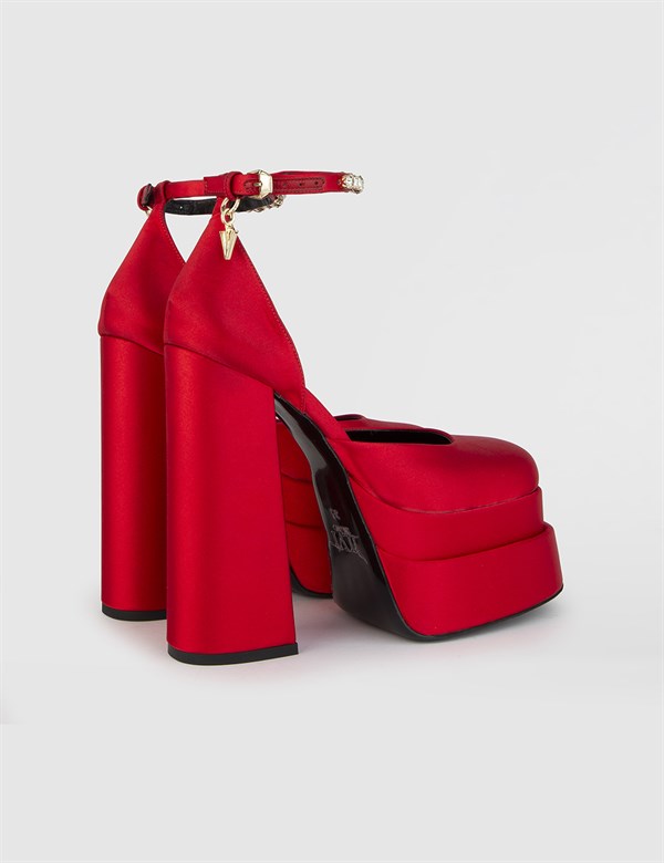 Valeri Saten Hakiki Deri Kadın Kırmızı Topuklu Sandalet