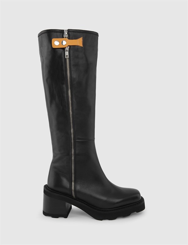 Venlo Black-Saddle Brown Leather Women's Heeled High Boot