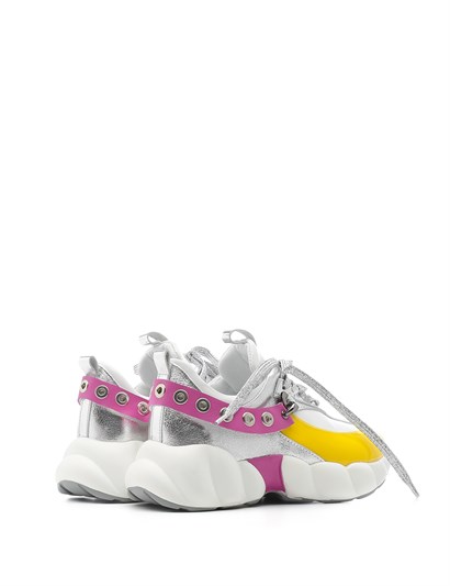 World Women's Sneaker White Leather - Yellow - Silver - Fuchsia