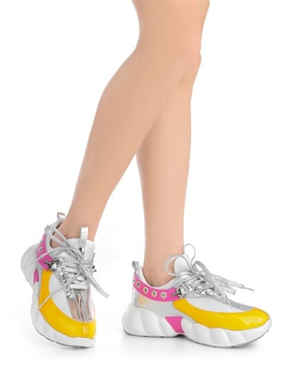World Women's Sneaker White Leather - Yellow - Silver - Fuchsia