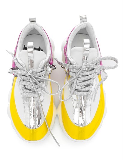 World Women's Sneaker White Leather - Yellow - Silver - Fuchsia
