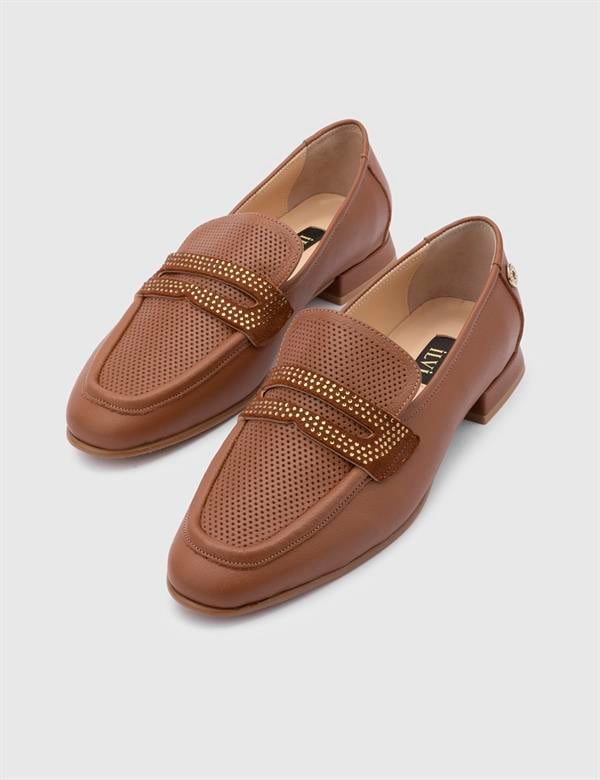 Yua Hakiki Baskılı Deri Kadın Taba Loafer Ayakkabı