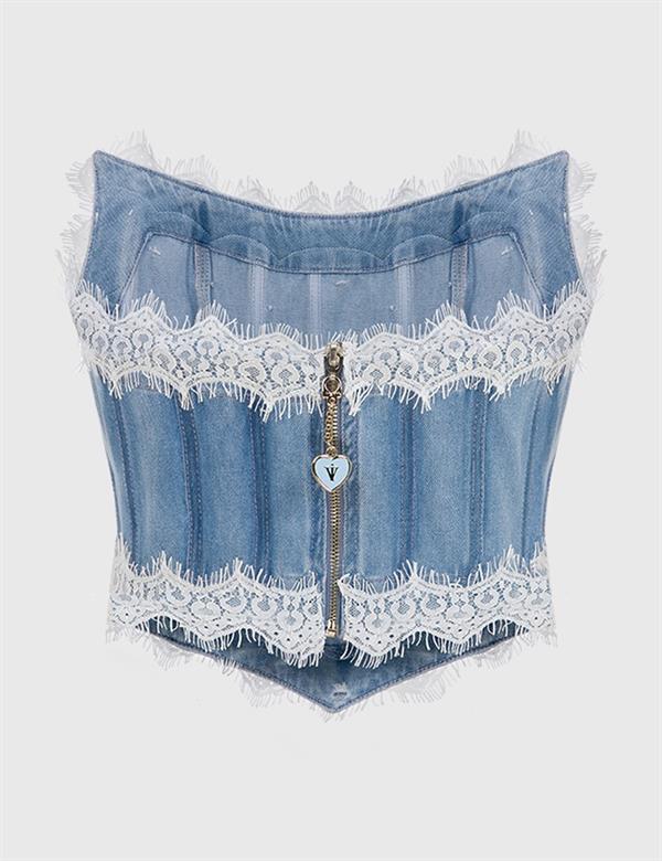 Tiber Kadın Denim Taşlı Mavi Korse