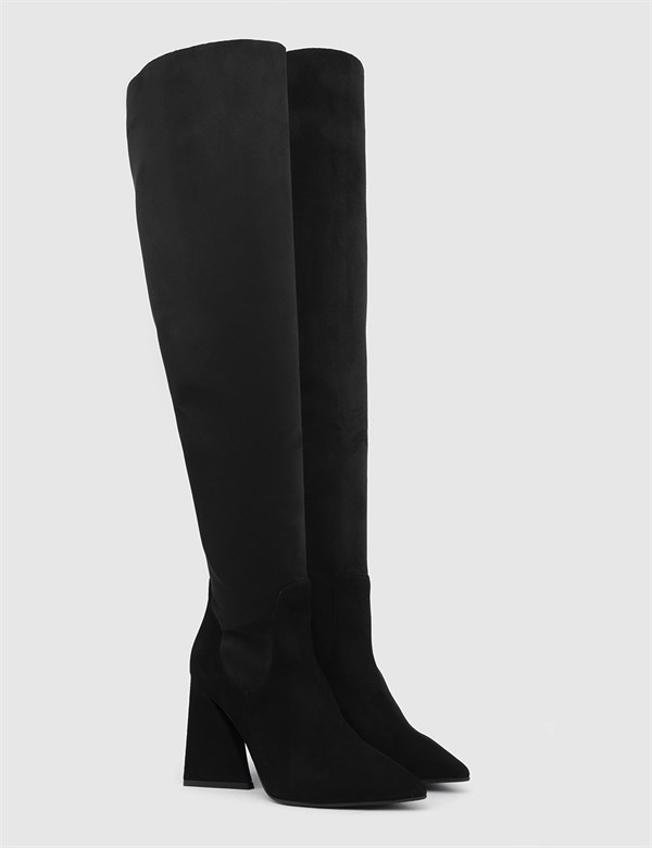 Torbay Black Suede Leather Women's Stretch Heeled High Boot