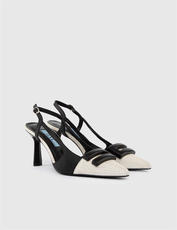 Trelew Cream-Black Leather Women's Heeled Sandal
