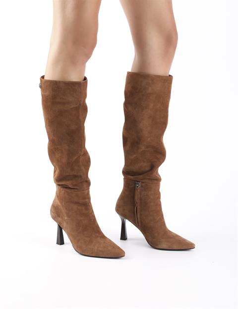 Treuh Saddle Brown Suede Leather Women's Heeled High Boot