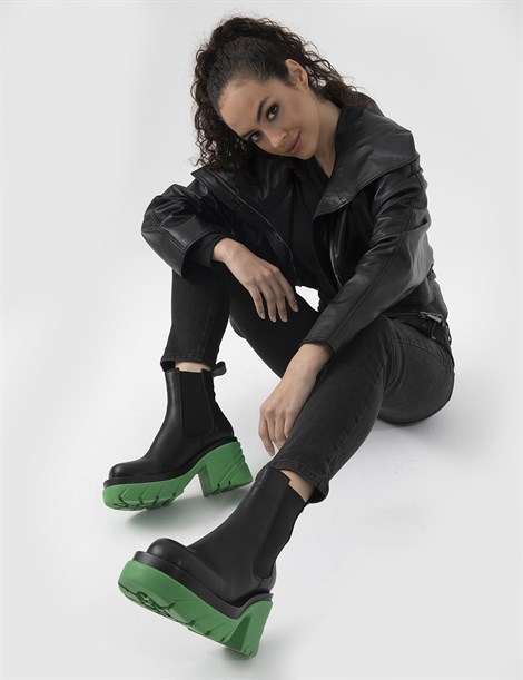Treva Black Leather Women's Heeled Boot with Green Outsoles