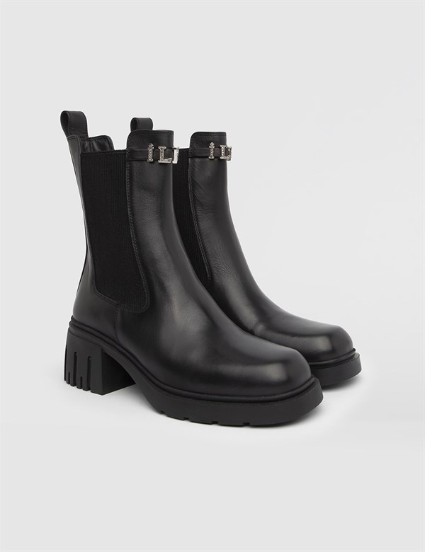 Tuva Black Leather Women's Heeled Boot