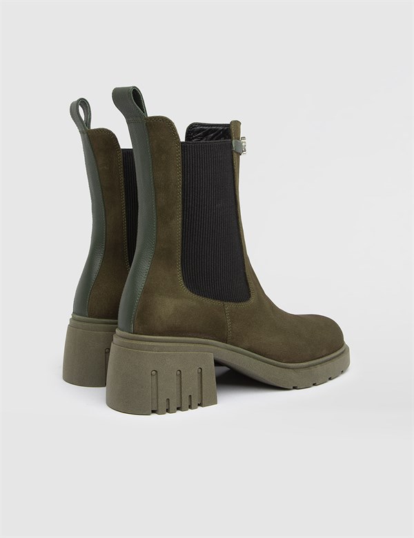 Tuva Khaki Suede Leather Women's Heeled Boot