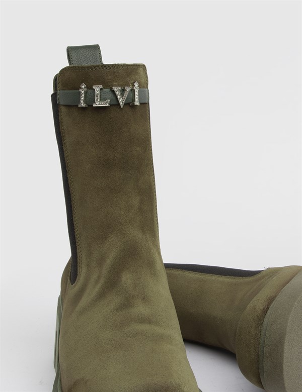 Tuva Khaki Suede Leather Women's Heeled Boot