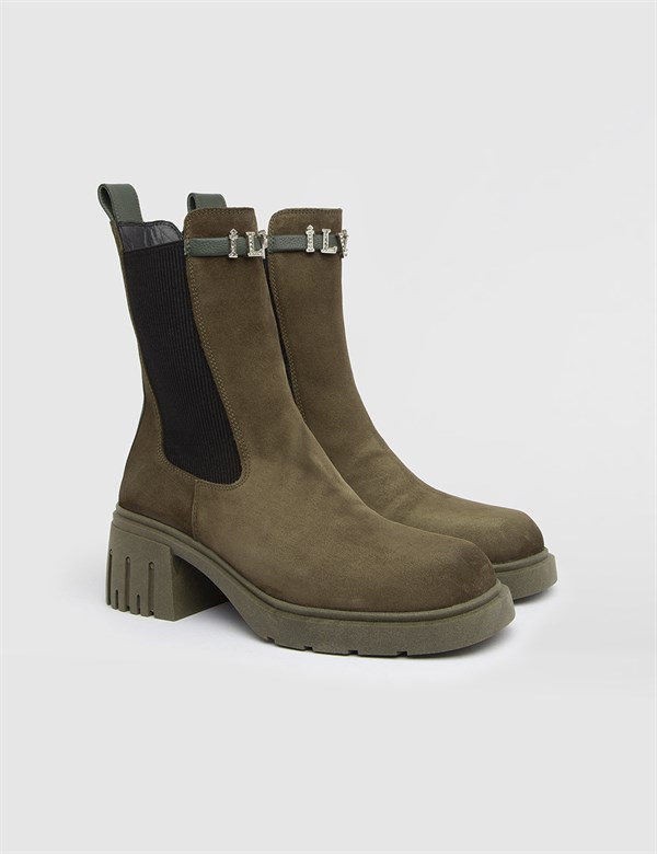 Tuva Khaki Suede Leather Women's Heeled Boot