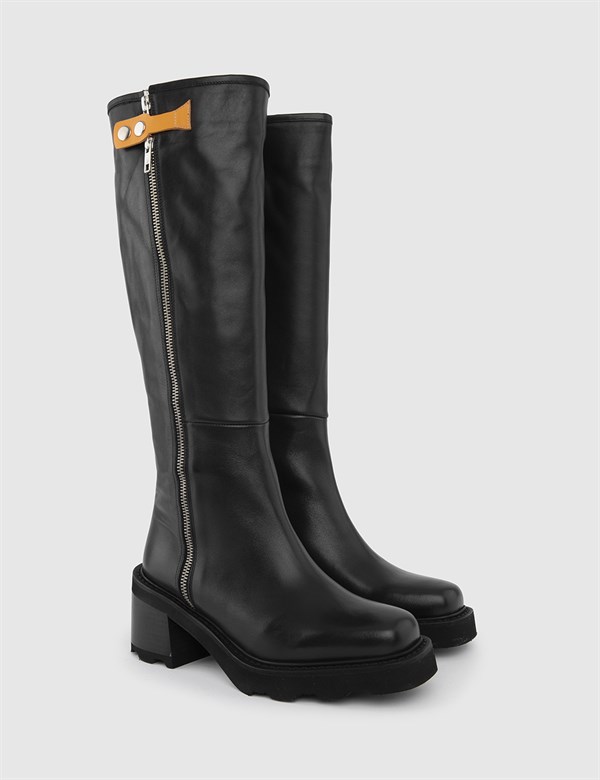 Venlo Black-Saddle Brown Leather Women's Heeled High Boot
