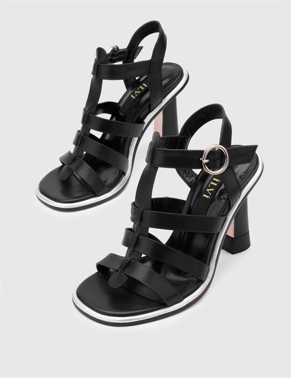 Vitale Black Leather Women's Heeled Sandal