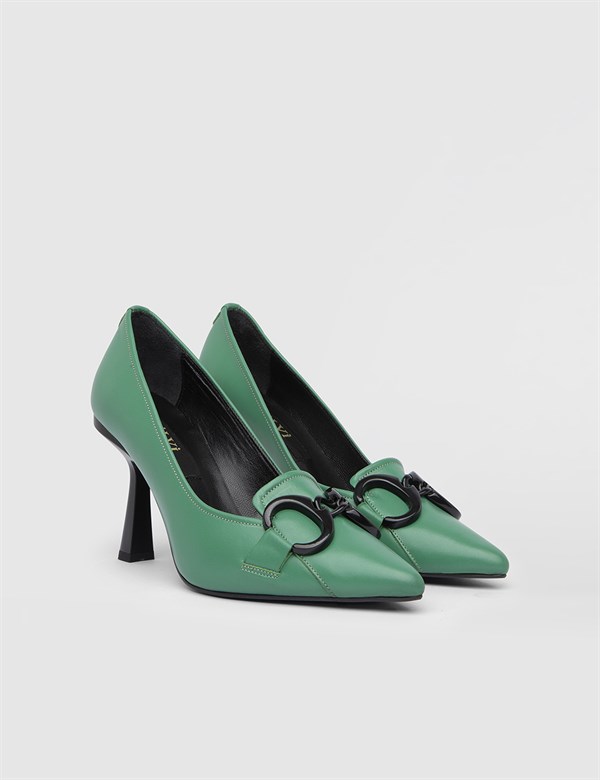Wilnus Hakiki Deri Kadın Yeşil Topuklu Ayakkabı
