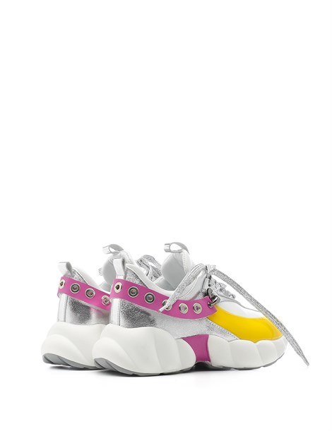World Women's Sneaker White Leather - Yellow - Silver - Fuchsia