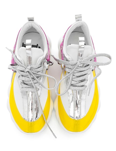 World Women's Sneaker White Leather - Yellow - Silver - Fuchsia