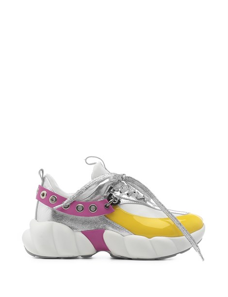 World Women's Sneaker White Leather - Yellow - Silver - Fuchsia