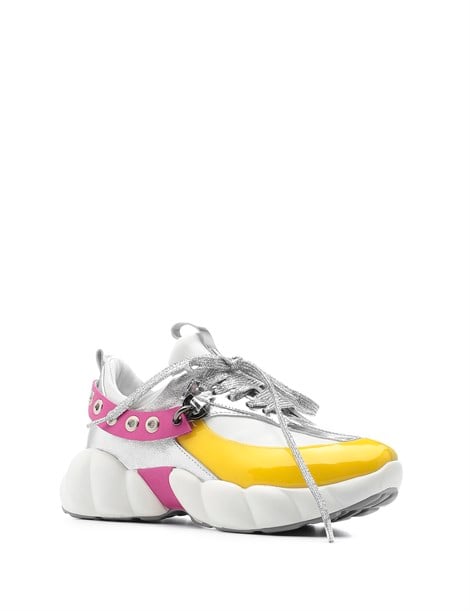 World Women's Sneaker White Leather - Yellow - Silver - Fuchsia