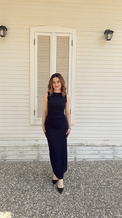 Drape Yırtmaçlı Elbise Lacivert