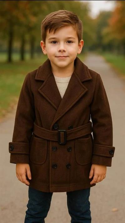 0308 Kuşak Detaylı Erkek çocuk Kaşe Kaban KAHVE