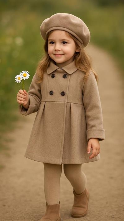 0311 Şapka Hediyeli Düğmeli Kaşe Elbise BEJ