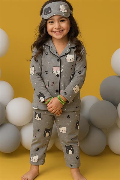 0605-2 Sevimli Kedicik Kız Çocuk Pijama Takım GRİ