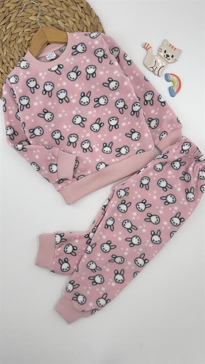 0810-1 Tavşan Desenli Polar Pijama Takımı PEMBE