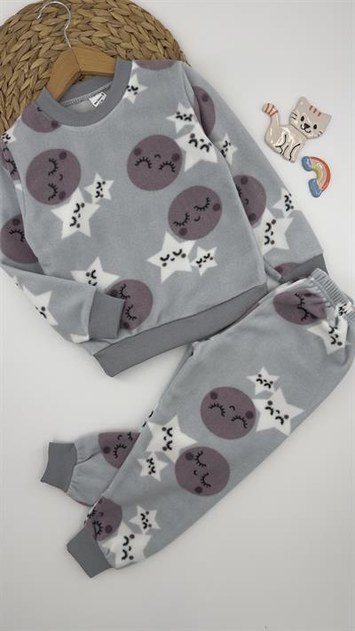 0810-4 Yıldız Desenli Polar Pijama Takımı GRİ
