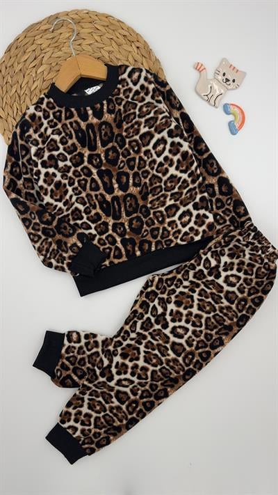 0810-6 Leopar Desenli Polar Pijama Takımı KAHVE