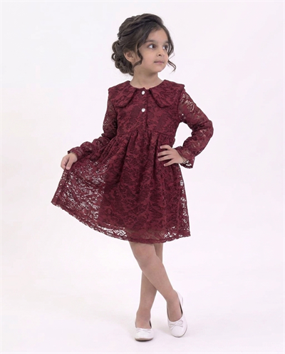 0906 Bebe Yaka Düğmeli Dantel Elbise BORDO