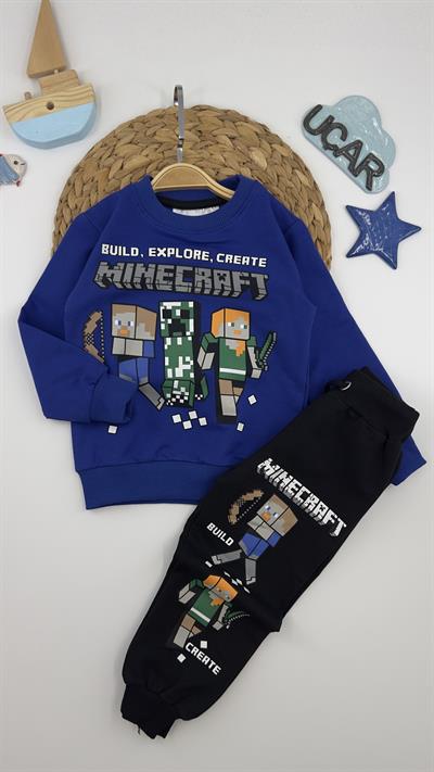 1025-6 Minecraft Baskılı Erkek Çocuk Takım MAVİ