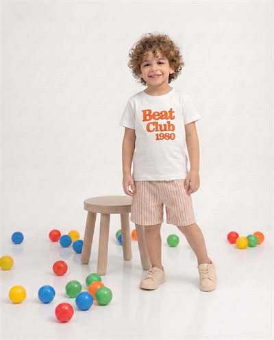 22214 Beat Clup Baskılı Çizgili Şort Detaylı İkili Erkek Çocuk Takım BEYAZ