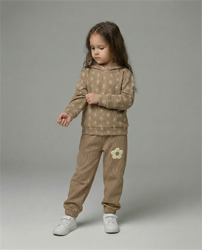 2749 Papatya Çiçek Baskılı Takım (7-10 Yaş) KAHVE