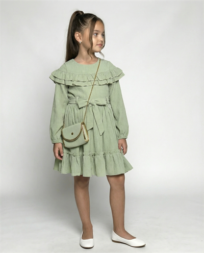 5921 Omuzdan Fırfırlı Çantalı Elbise YEŞİL