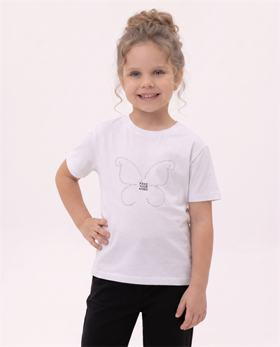 8264468 Kelebek Taşlı Kız Çocuk T-Shirt BEYAZ