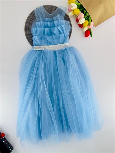1001-5 Önü Kat Kat Tüllü Kız Çocuk Abiye-MAVİ