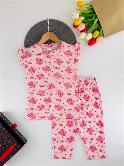 1100-2 Baykuş Baskılı Kısa Kol Kız Çocuk Kaprili Takım-PEMBE