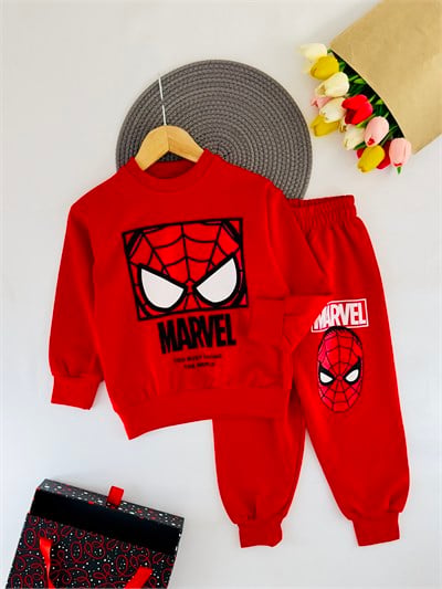 2408 Marvel Yazılı Spıderman Göz Baskılı Erkek Çocuk Takım-KIRMIZI