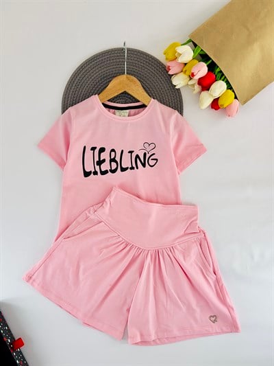 26315 Lıebıng Yazılı Kız Çocuk Şortlu Takım-TOZ PEMBE