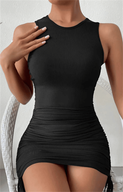 BAĞCIK DETAY BÜZGÜLÜ MİNİ ELBİSE