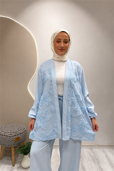SİMLİ TÜL KİMONO Mavi