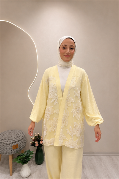 SİMLİ TÜL KİMONO Sarı