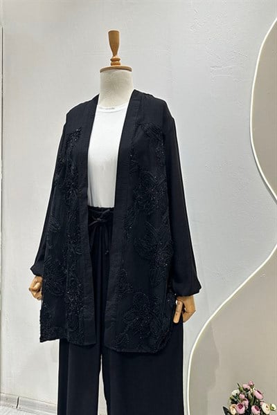 SİMLİ TÜL KİMONO Siyah