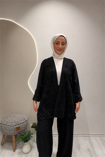 SİMLİ TÜL KİMONO Siyah