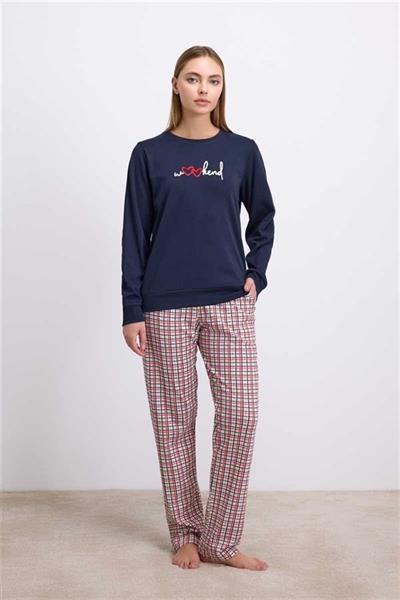 Arias Closet %100 Pamuklu Uzun Kol Sweatshirt ve Ekose Pantolon Pijama Takımı